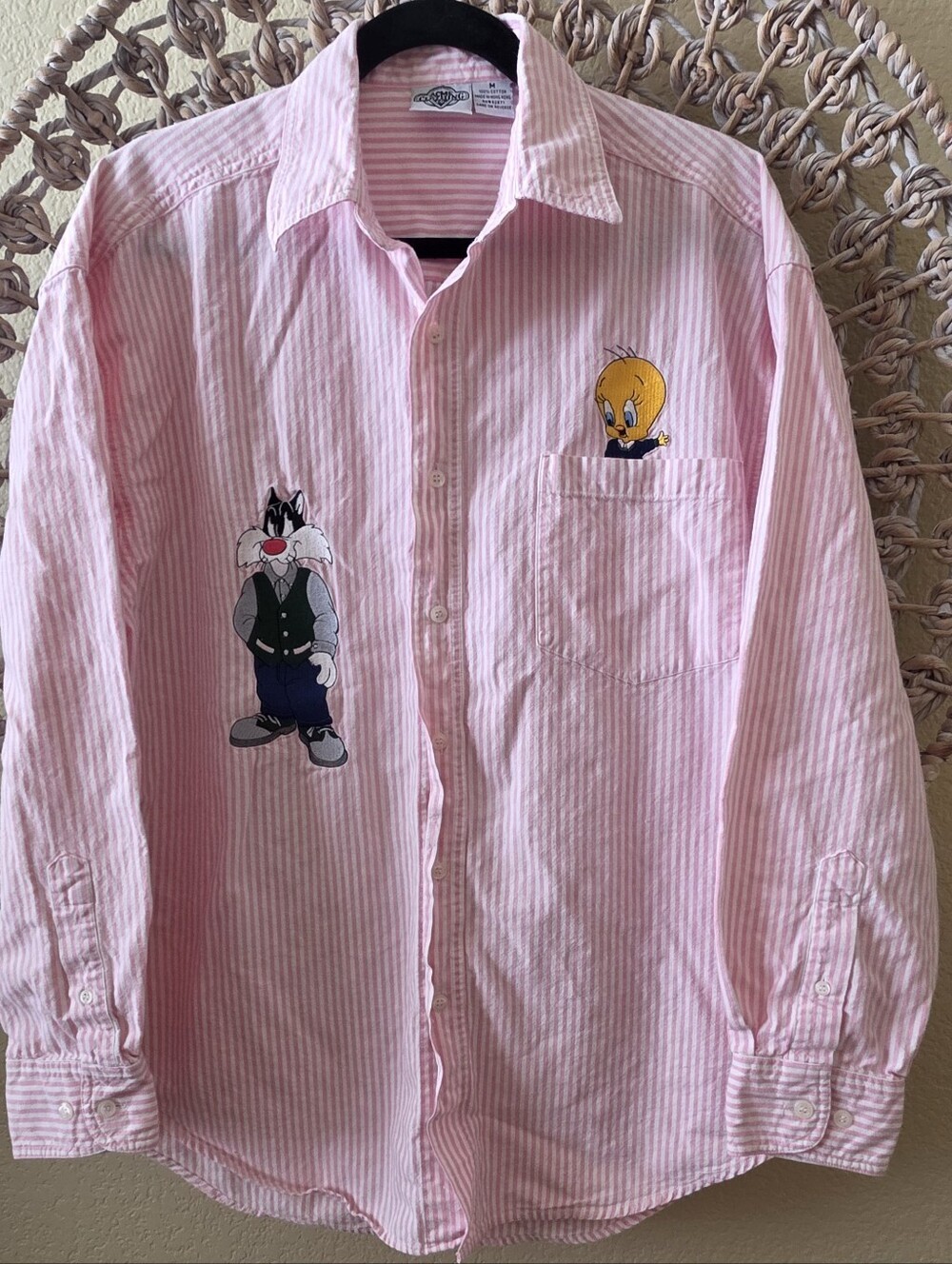 VTG Acme Clothing Co. Looney Tunes Sylvester & Tweety Pink Striped Shirt Men Med